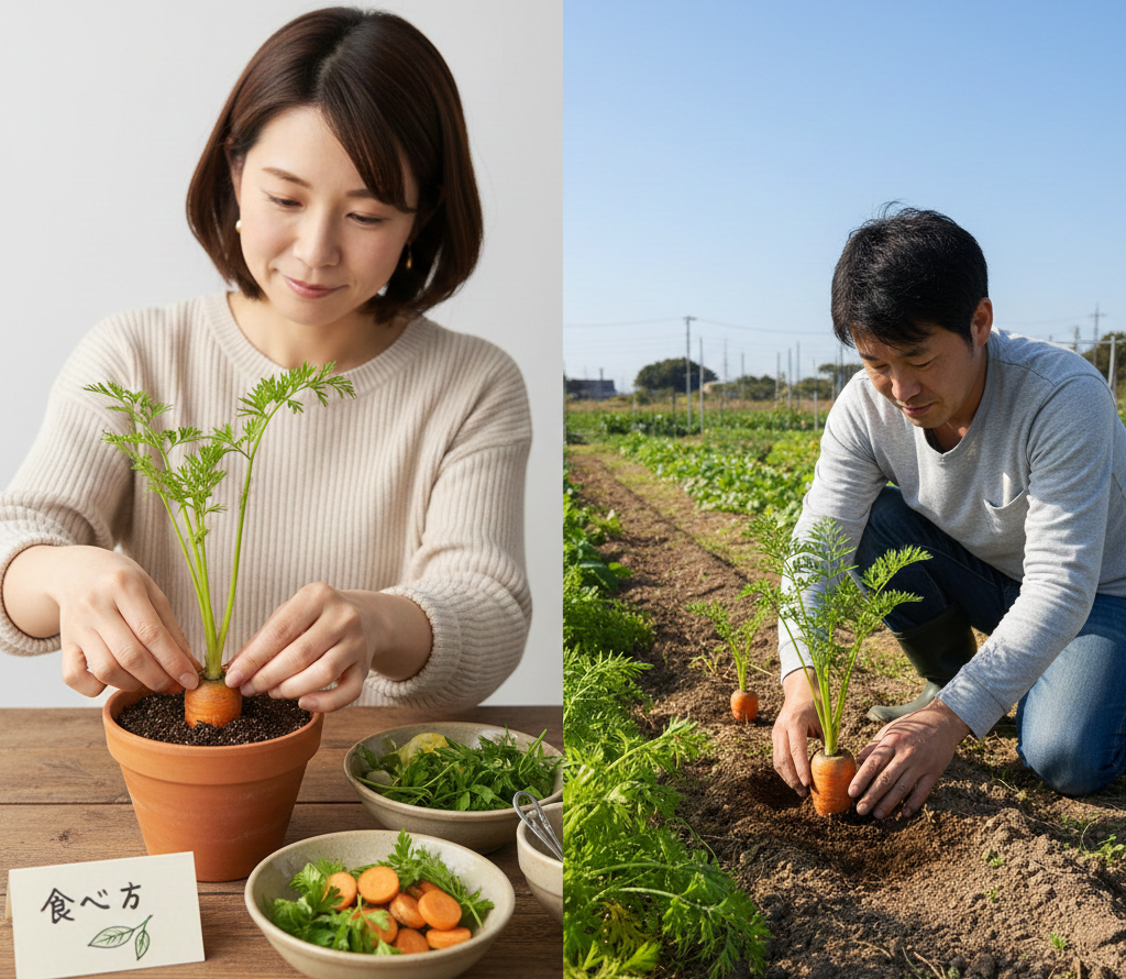 人参のヘタから芽が出た後の食べ方や土への植え方